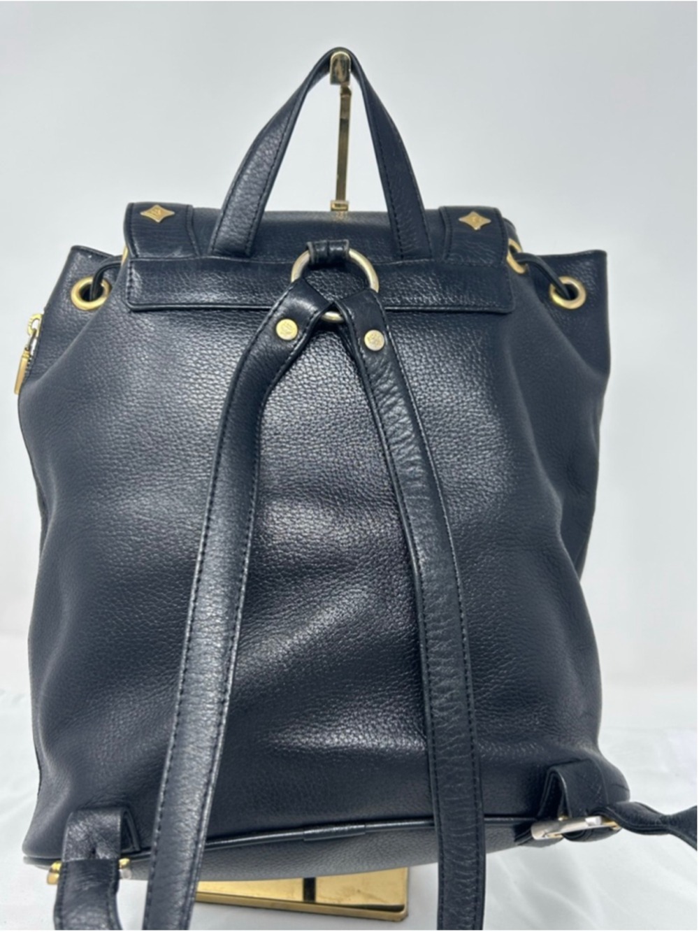 Vintage MCM Black Pebbled Leather Backpack Gold Hardware Drawstring - Picture 2 of 16